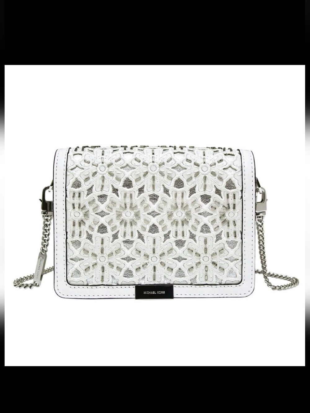 NEW Michael Kors Crossbody Bag White Leather Beaded Gusset Jade Chain Clutch
